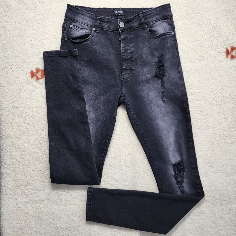 Boohoo MAN Distressed Skinny Denim Jeans 34 (30x33) Button Fly Stretch Mid Rise
